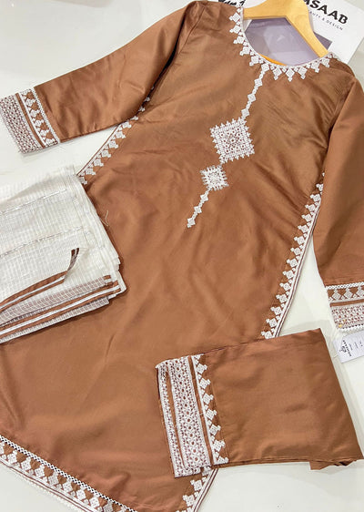 KLD303 Aynoor - Brown Readymade Khadi Net Suit - Memsaab Online