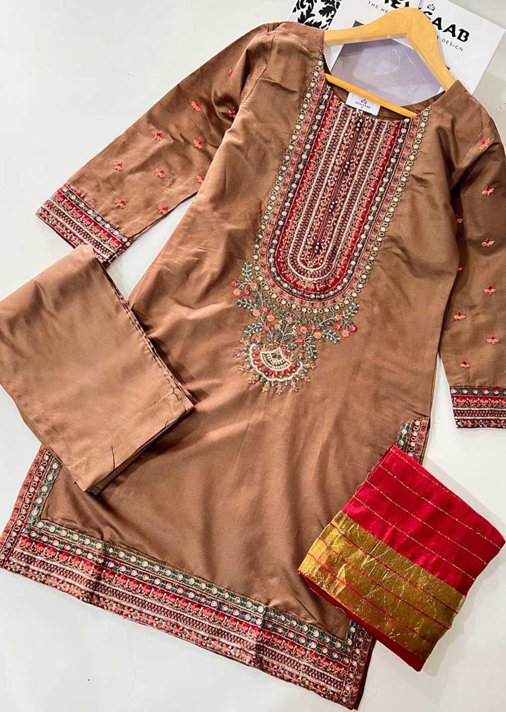 KLD310 Aaria - Brown Readymade Khadi Net Suit - Memsaab Online