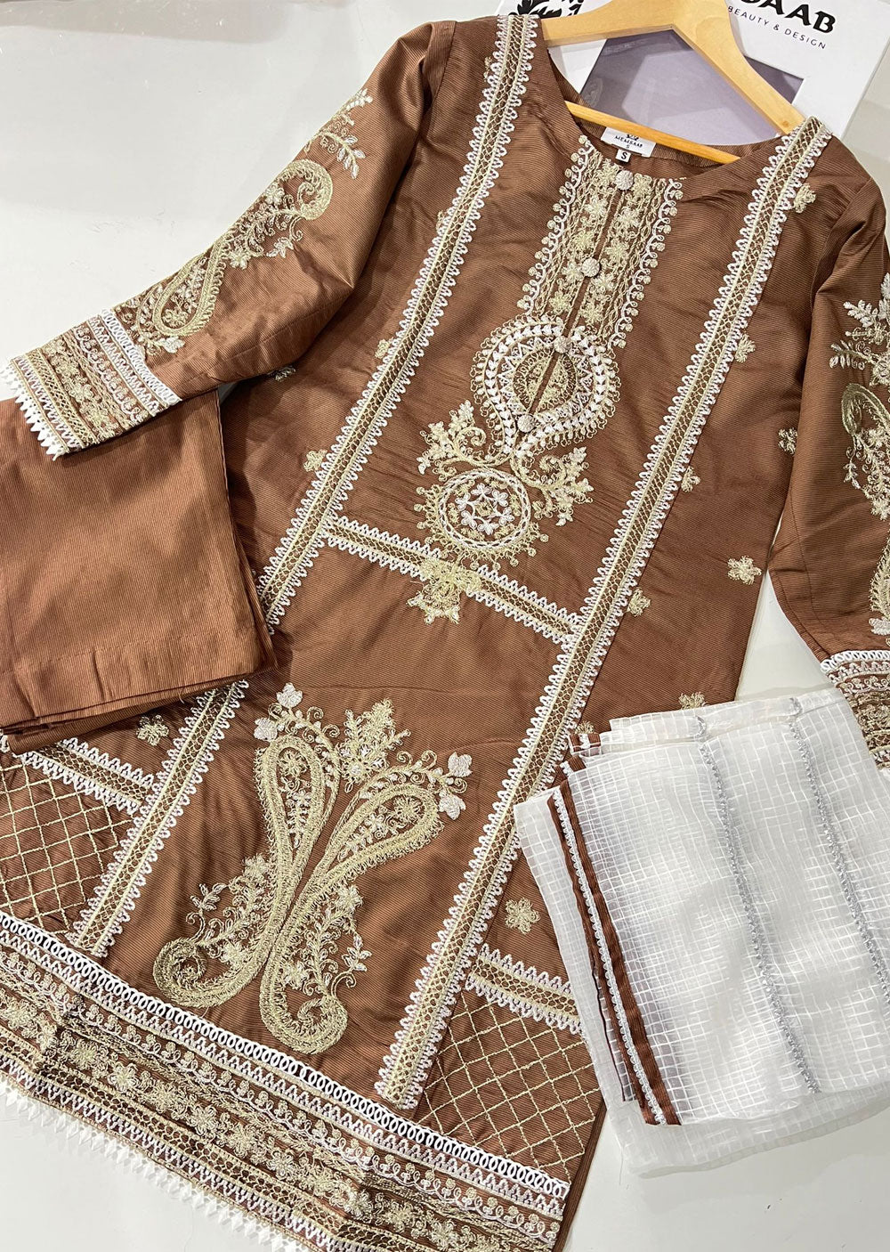 KLD304 Effat - Brown Readymade Khadi Net Suit - Memsaab Online