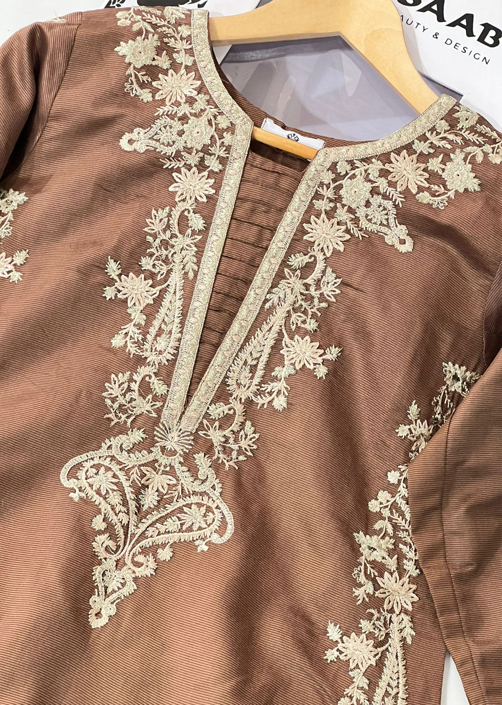 KLD305 Gulnar - Brown Readymade Khadi Net Suit - Memsaab Online