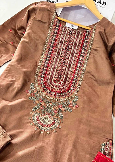 KLD310 Aaria - Brown Readymade Khadi Net Suit - Memsaab Online