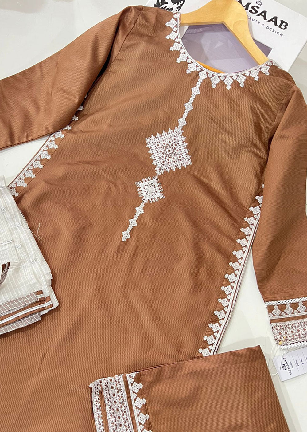 KLD303 Aynoor - Brown Readymade Khadi Net Suit - Memsaab Online