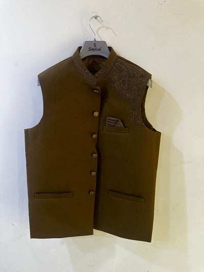 W-2755 - Dark Brown - Waistcoat Handwork - Memsaab Online