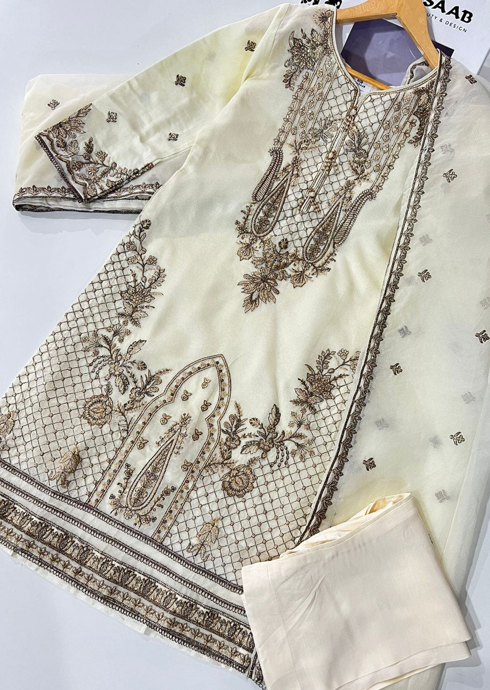 KLD324 Myra - Cream Readymade Cotton net suit - Memsaab Online