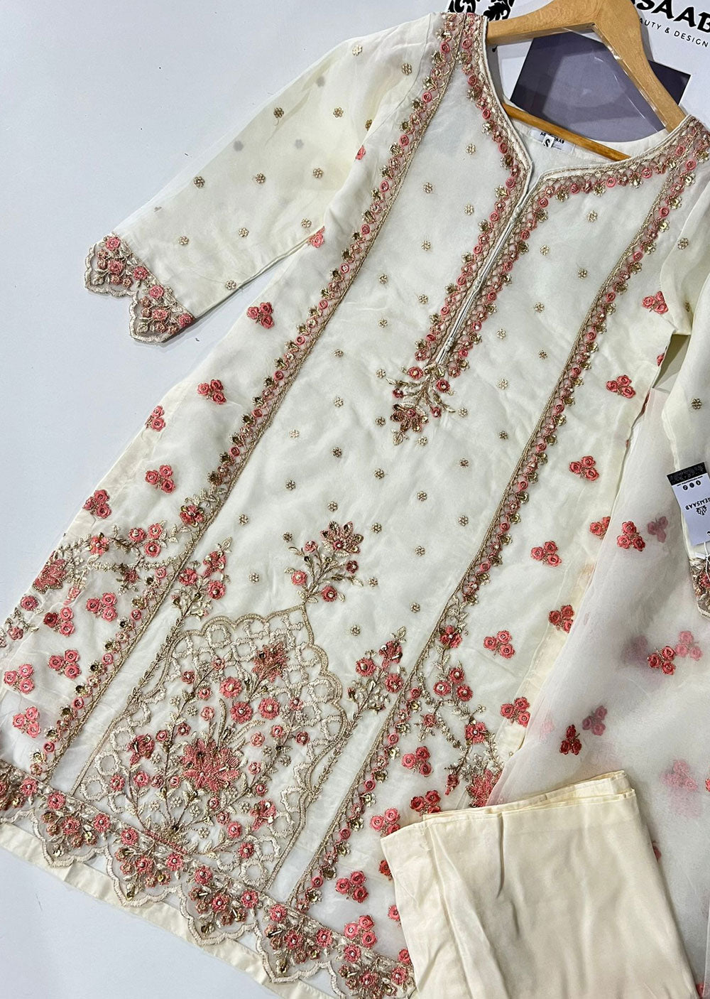 KLD321 Leem - Cream Readymade Organza Suit - Memsaab Online