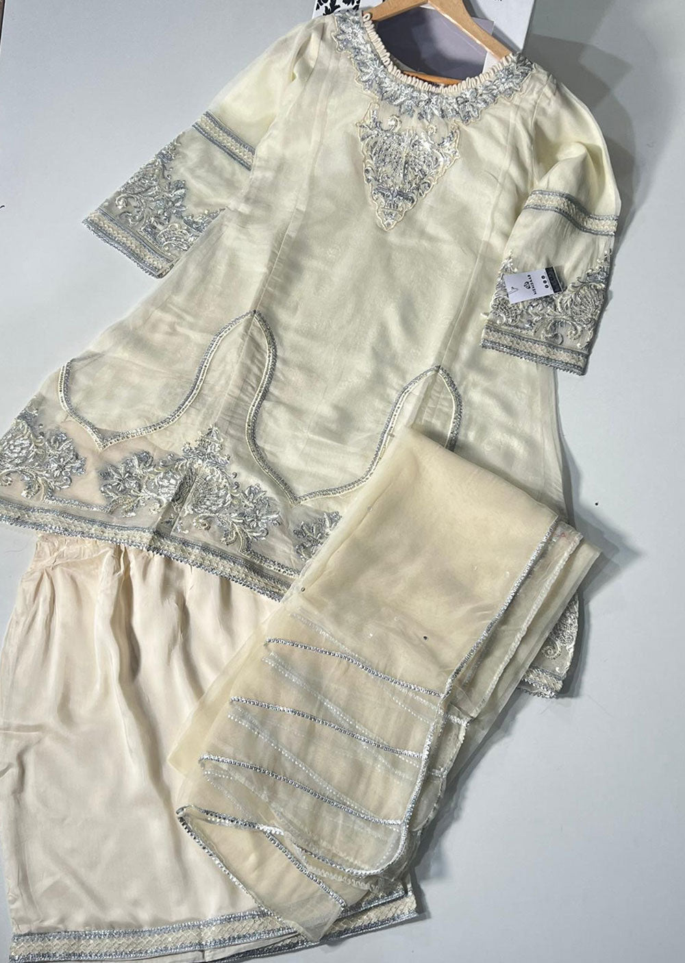 KLD326 Omera - Cream Readymade Cotton net suit - Memsaab Online