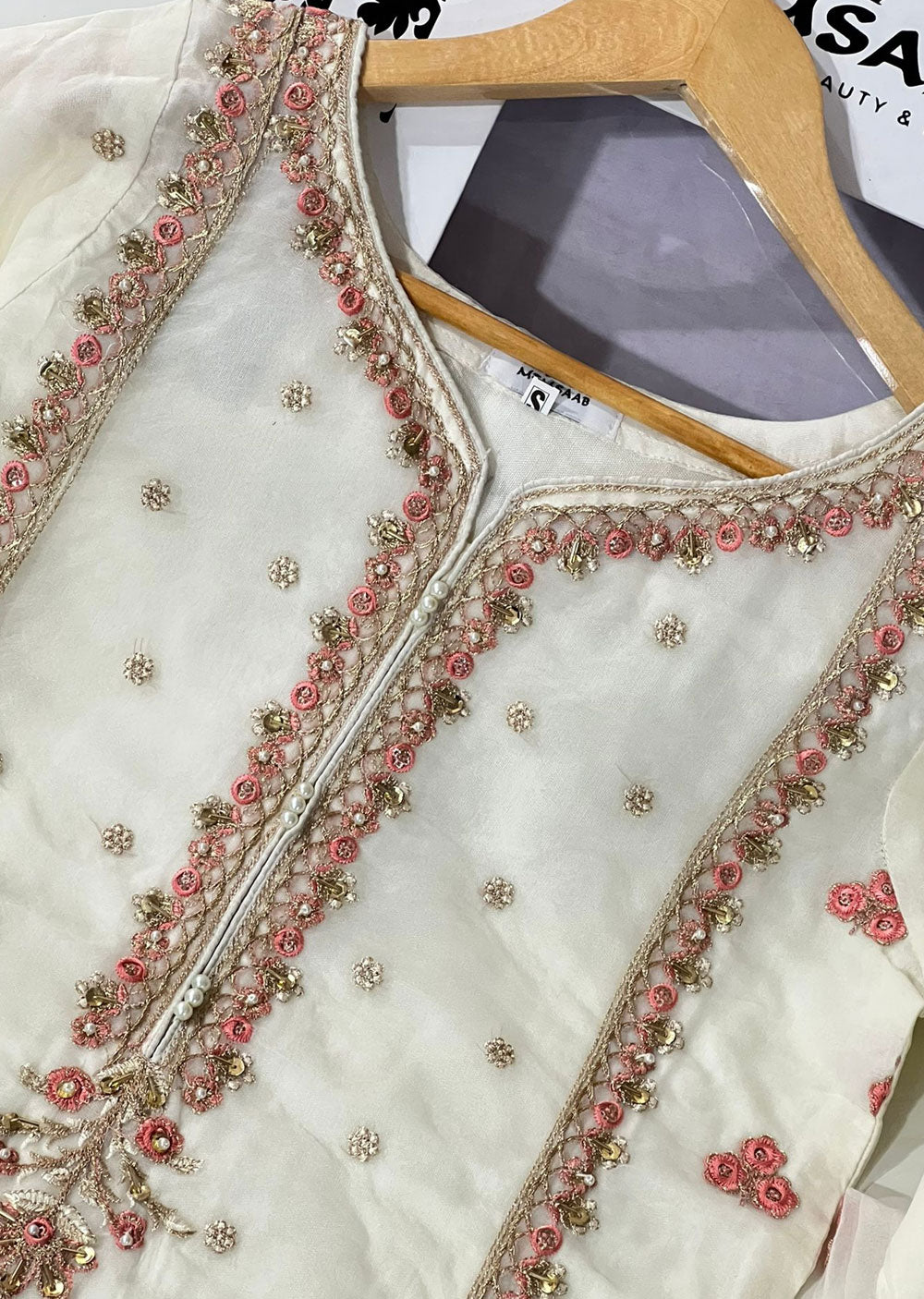 KLD321 Leem - Cream Readymade Organza Suit - Memsaab Online