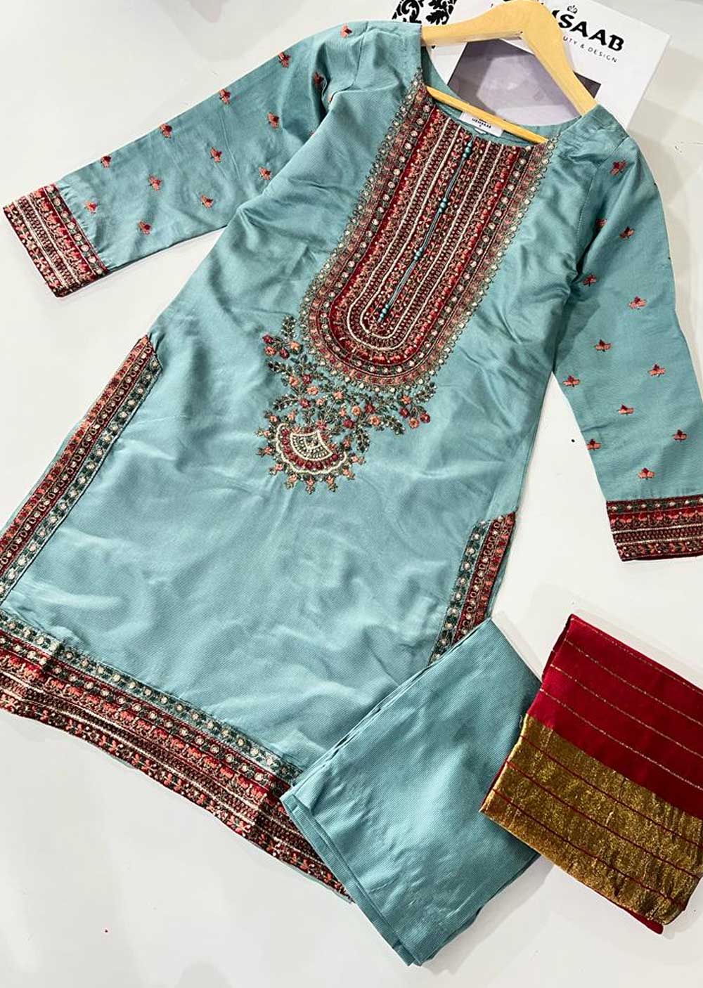 KLD310 Aaria - Blue Readymade Khadi Net Suit - Memsaab Online