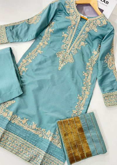 KLD305 Gulnar - Cyan Readymade Khadi Net Suit - Memsaab Online