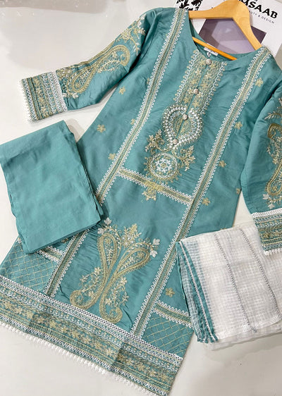 KLD304 Effat - Cyan Readymade Khadi Net Suit - Memsaab Online