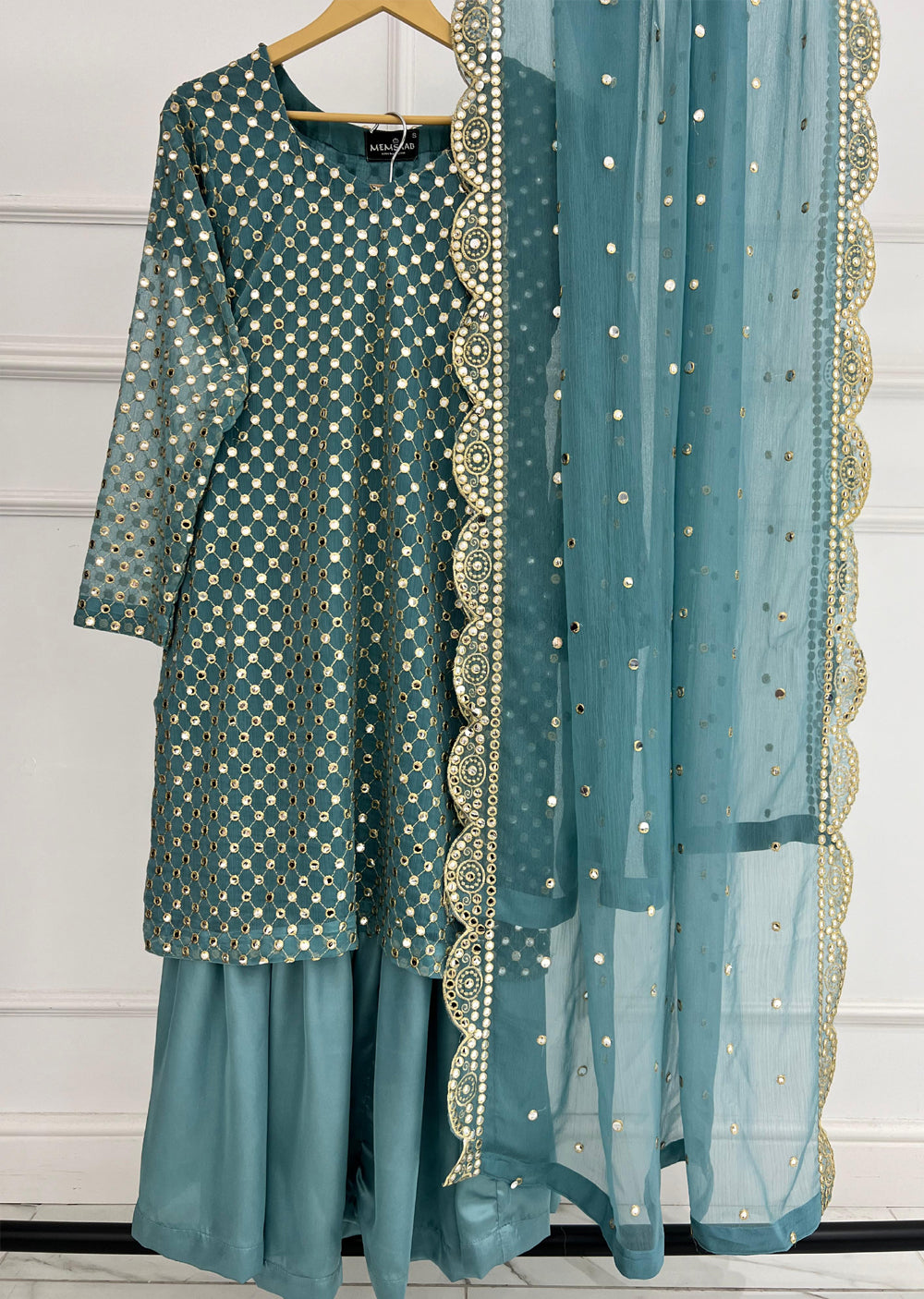 SMR3101 Rose - Cyan Readymade Chiffon Suit - Memsaab Online