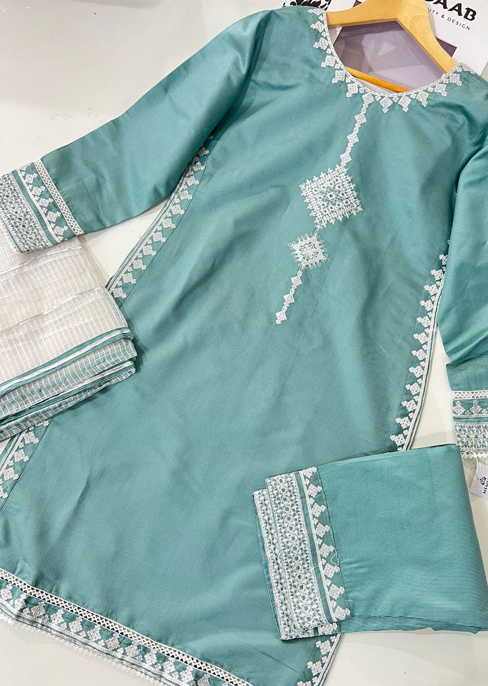 KLD303 Aynoor - Cyan Readymade Khadi Net Suit - Memsaab Online