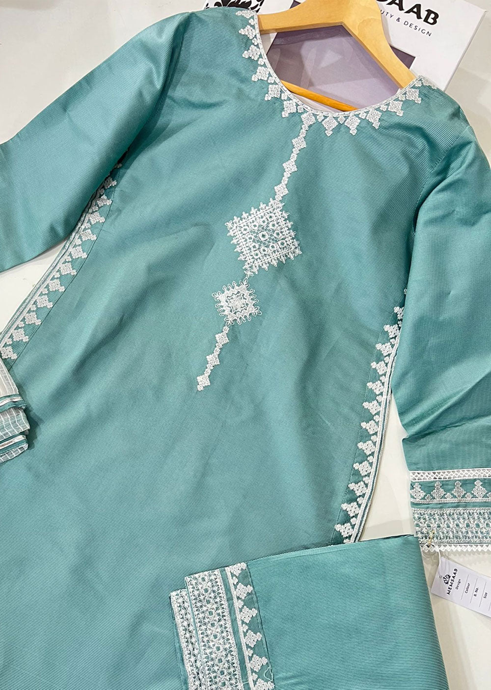 KLD303 Aynoor - Cyan Readymade Khadi Net Suit - Memsaab Online