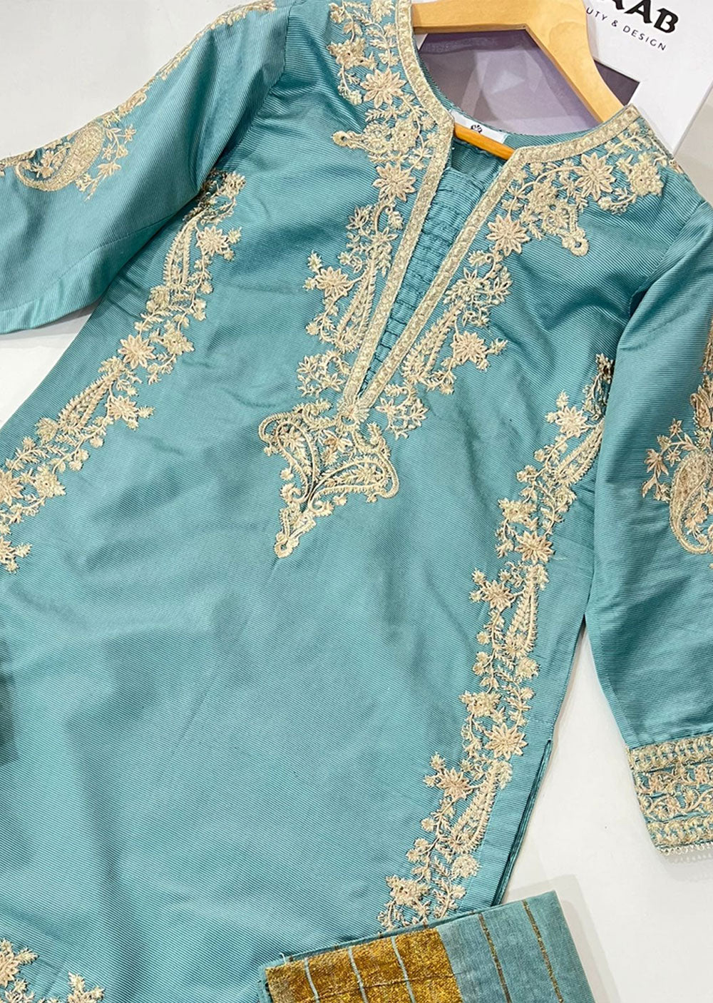 KLD305 Gulnar - Cyan Readymade Khadi Net Suit - Memsaab Online