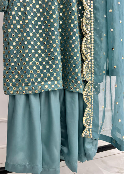 SMR3101 Rose - Cyan Readymade Chiffon Suit - Memsaab Online