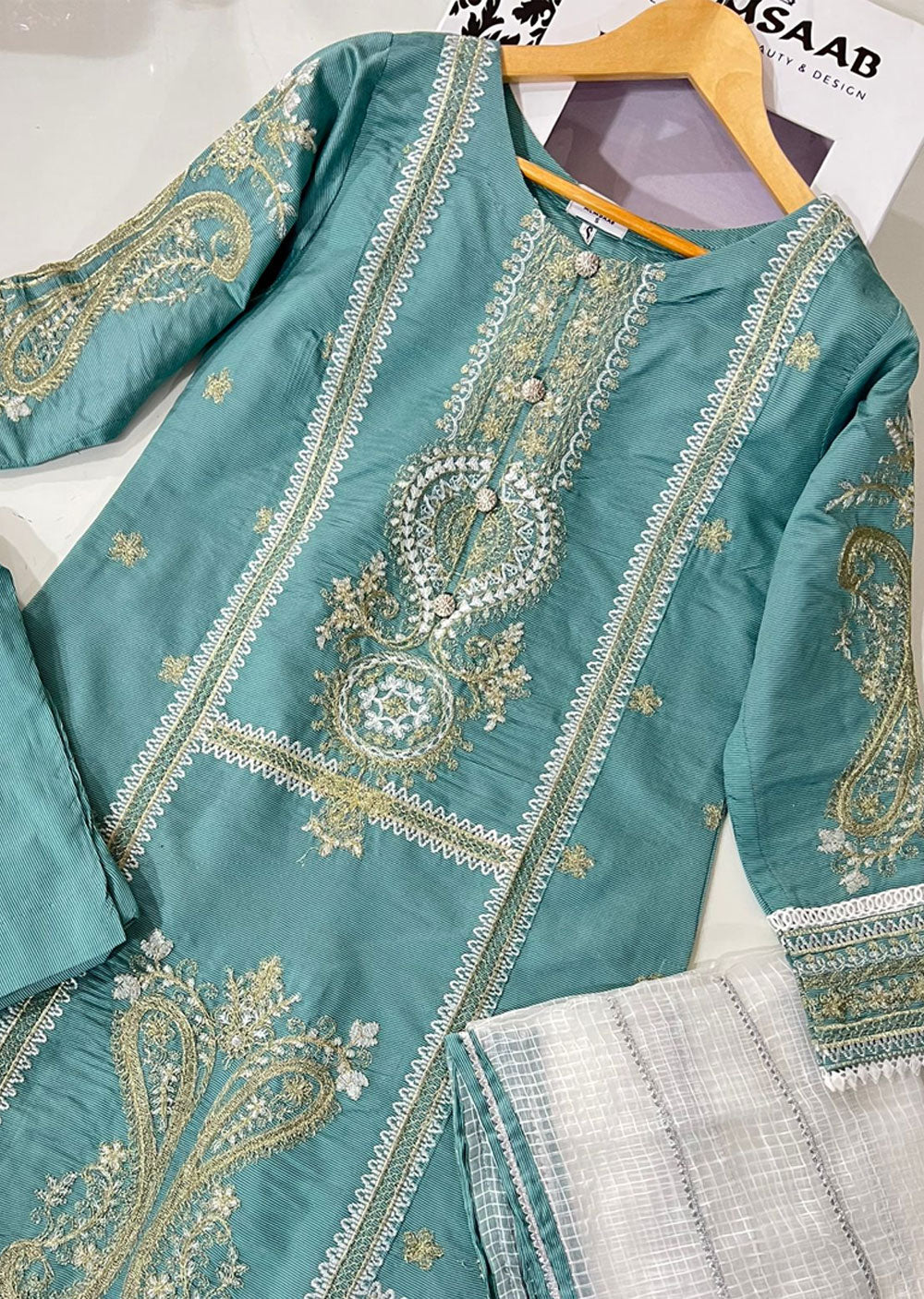 KLD304 Effat - Cyan Readymade Khadi Net Suit - Memsaab Online