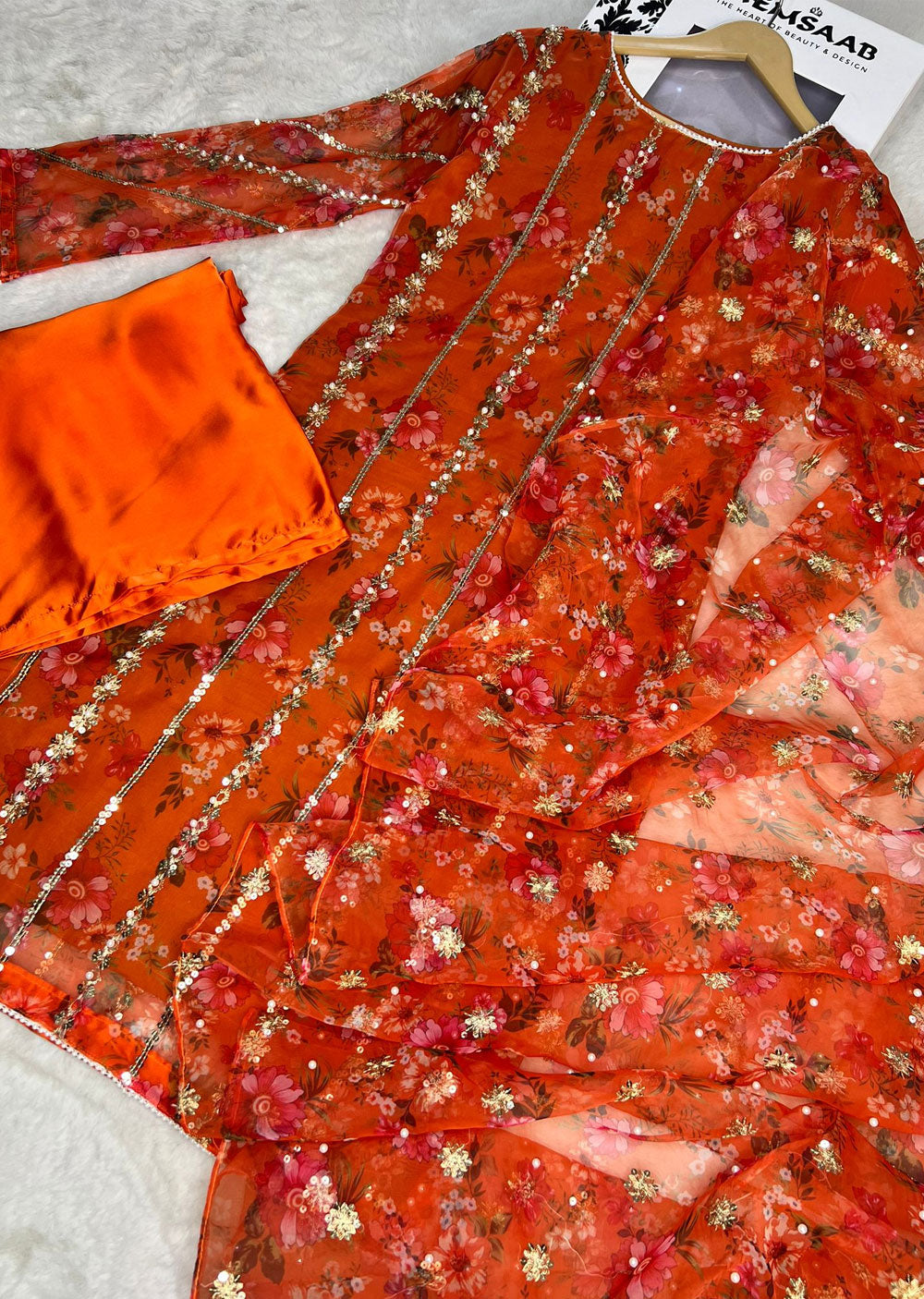 HK269 Zarifa - Dark Orange Readymade Organza Suit - Memsaab Online