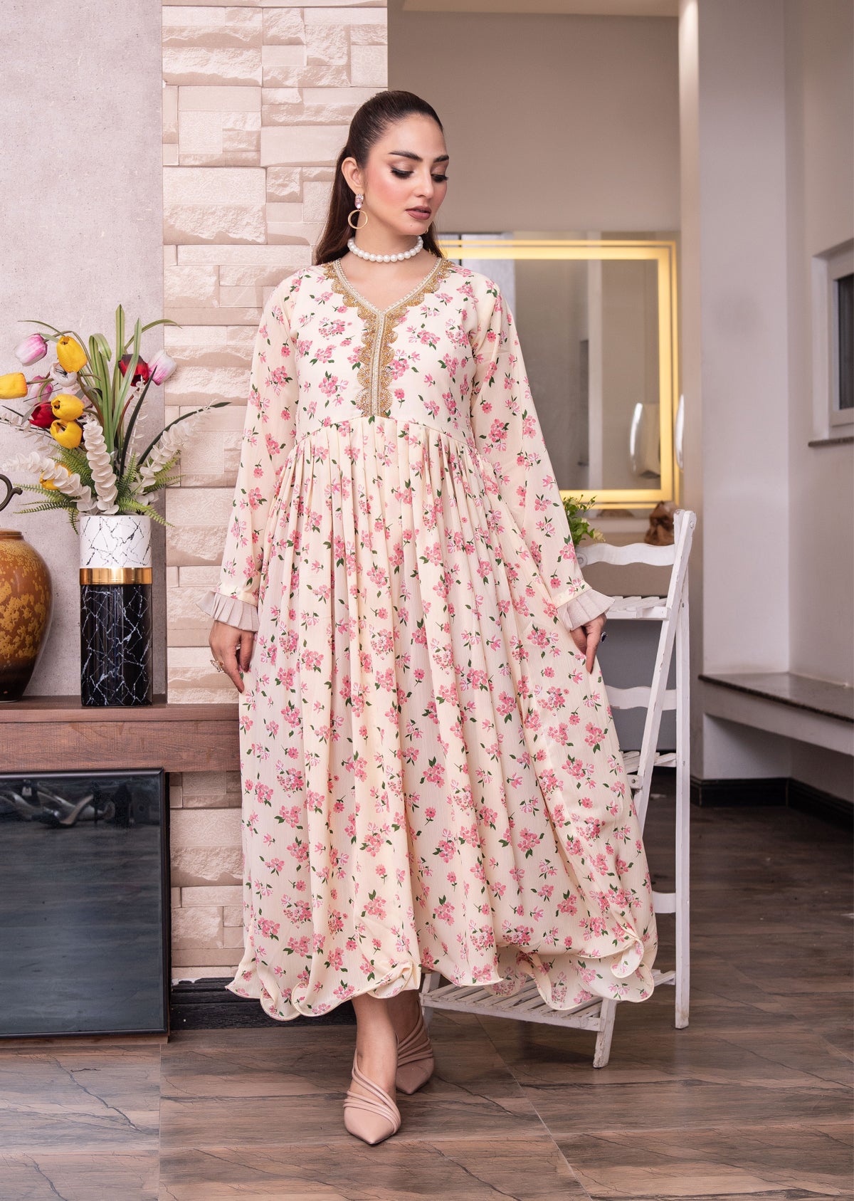 FK-309- Cream - Readymade Frock Georgette Outfit 2025 - Memsaab Online