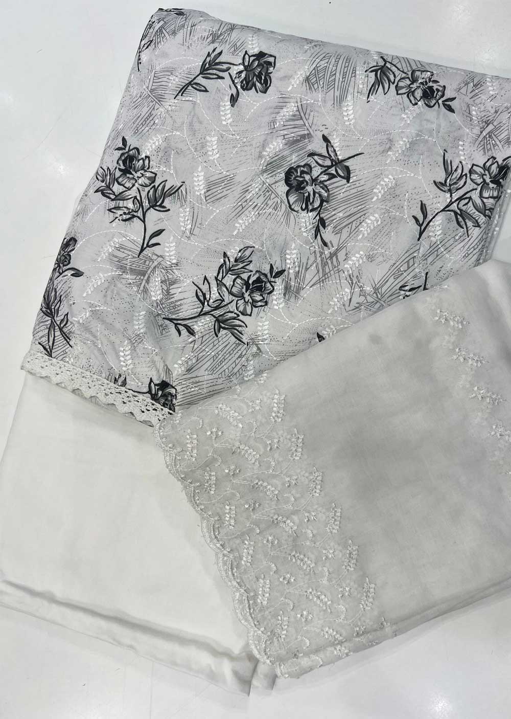 ATQ White/Grey Solo D Flower Print- Unstitched Cotton Suit - Memsaab Online