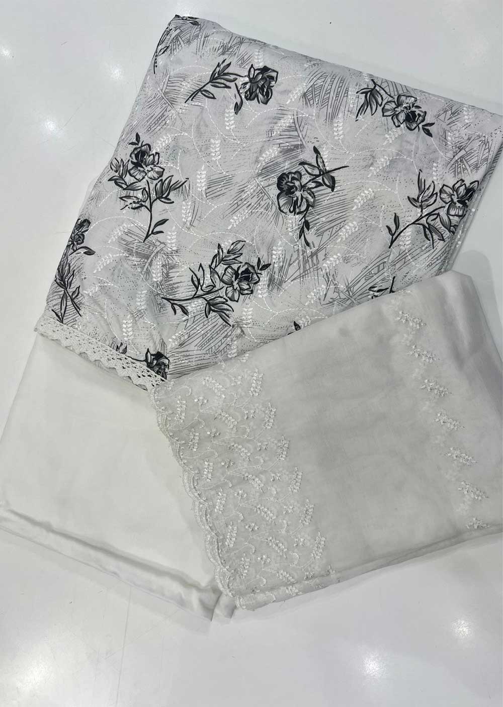 ATQ White/Grey Solo D Flower Print- Unstitched Cotton Suit - Memsaab Online
