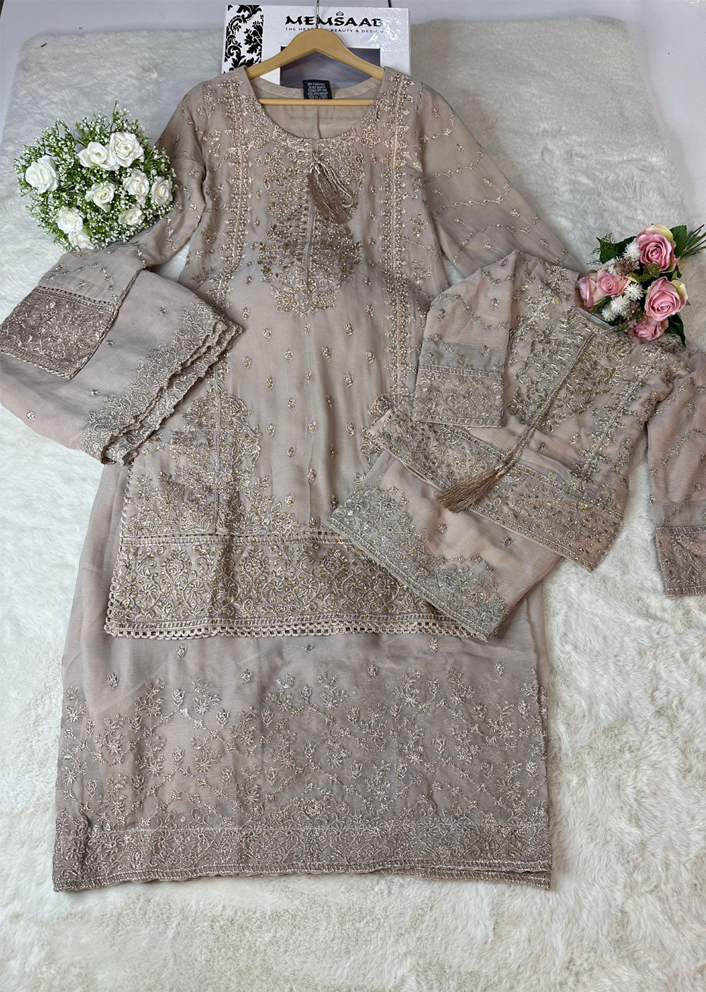 ASK603 Gold Readymade Chiffon Mummy n Me Suit - Memsaab Online