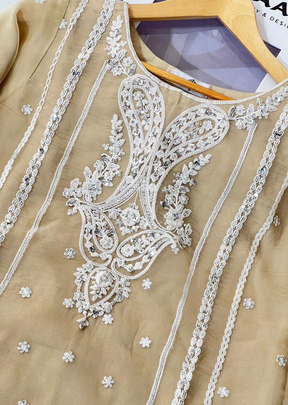 KLD308 Huma - Gold Readymade Organza Suit - Memsaab Online