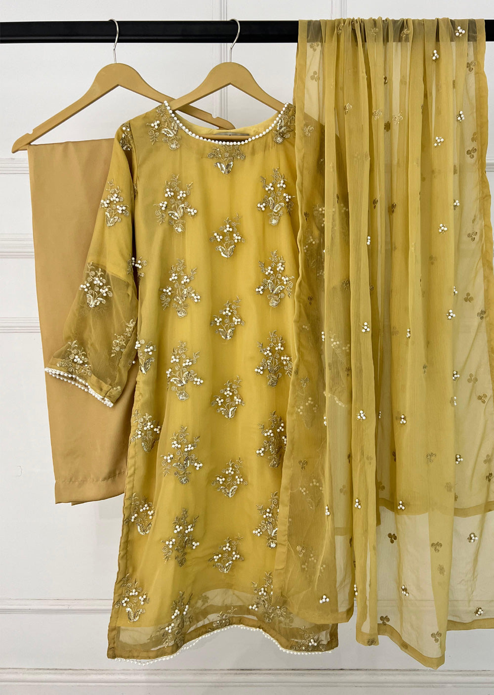 SMR3109 Rehem Dil - Gold Chiffon Suit - Memsaab Online