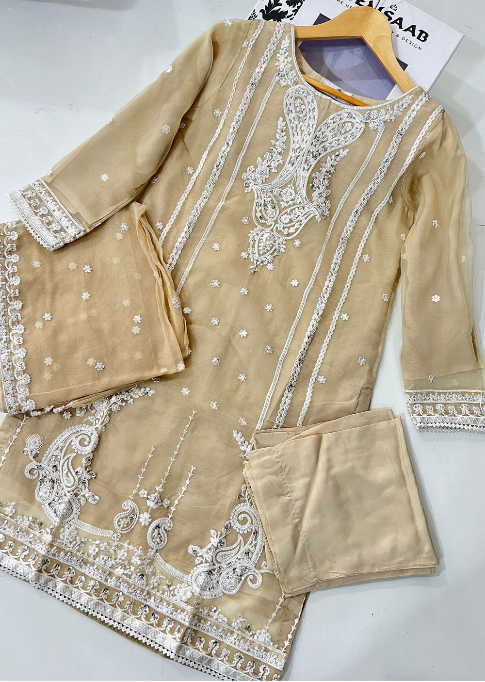 KLD308 Huma - Gold Readymade Organza Suit - Memsaab Online