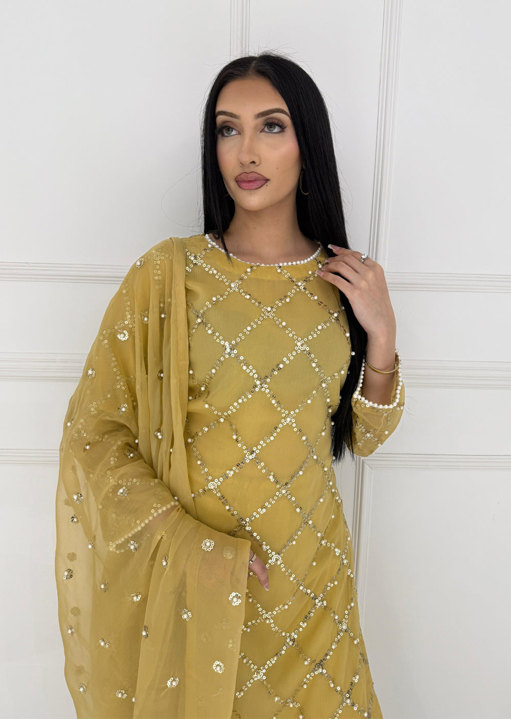 SMR3107 Quratulaine - Gold Chiffon Suit - Memsaab Online