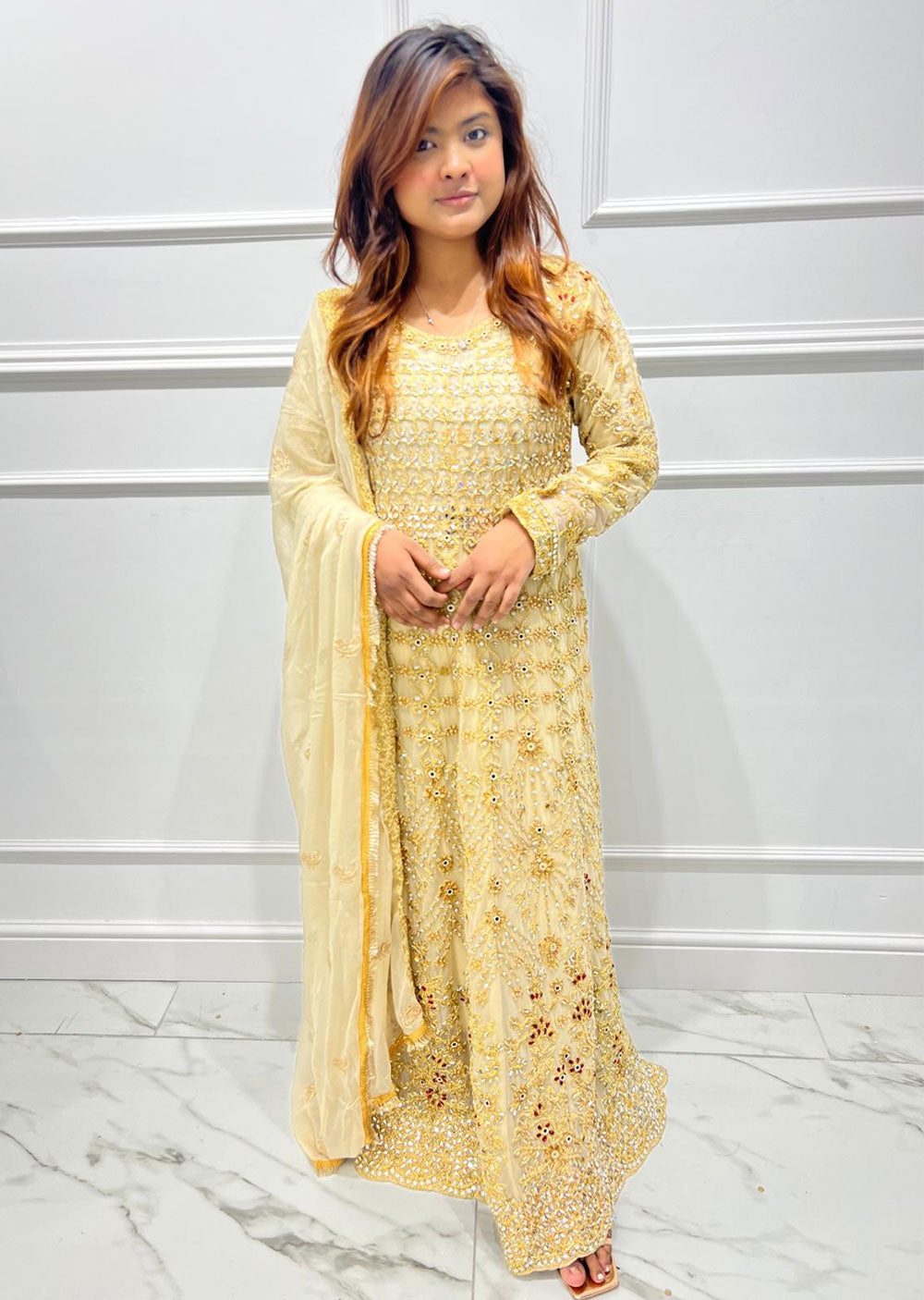 SHAZ9003 Gold Readymade Chiffon Party Gown - Memsaab Online