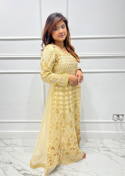 SHAZ9003 Gold Readymade Chiffon Party Gown - Memsaab Online