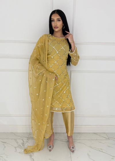 SMR3107 Quratulaine - Gold Chiffon Suit - Memsaab Online