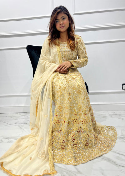 SHAZ9003 Gold Readymade Chiffon Party Gown - Memsaab Online