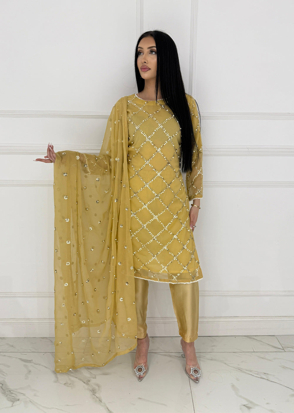 SMR3107 Quratulaine - Gold Chiffon Suit - Memsaab Online