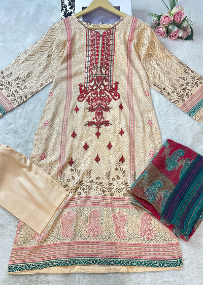 AMT48011 - Gold/Red Readymade Lawn Suit - Memsaab Online