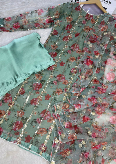 HK269 Zarifa - Mint Readymade Organza Suit - Memsaab Online