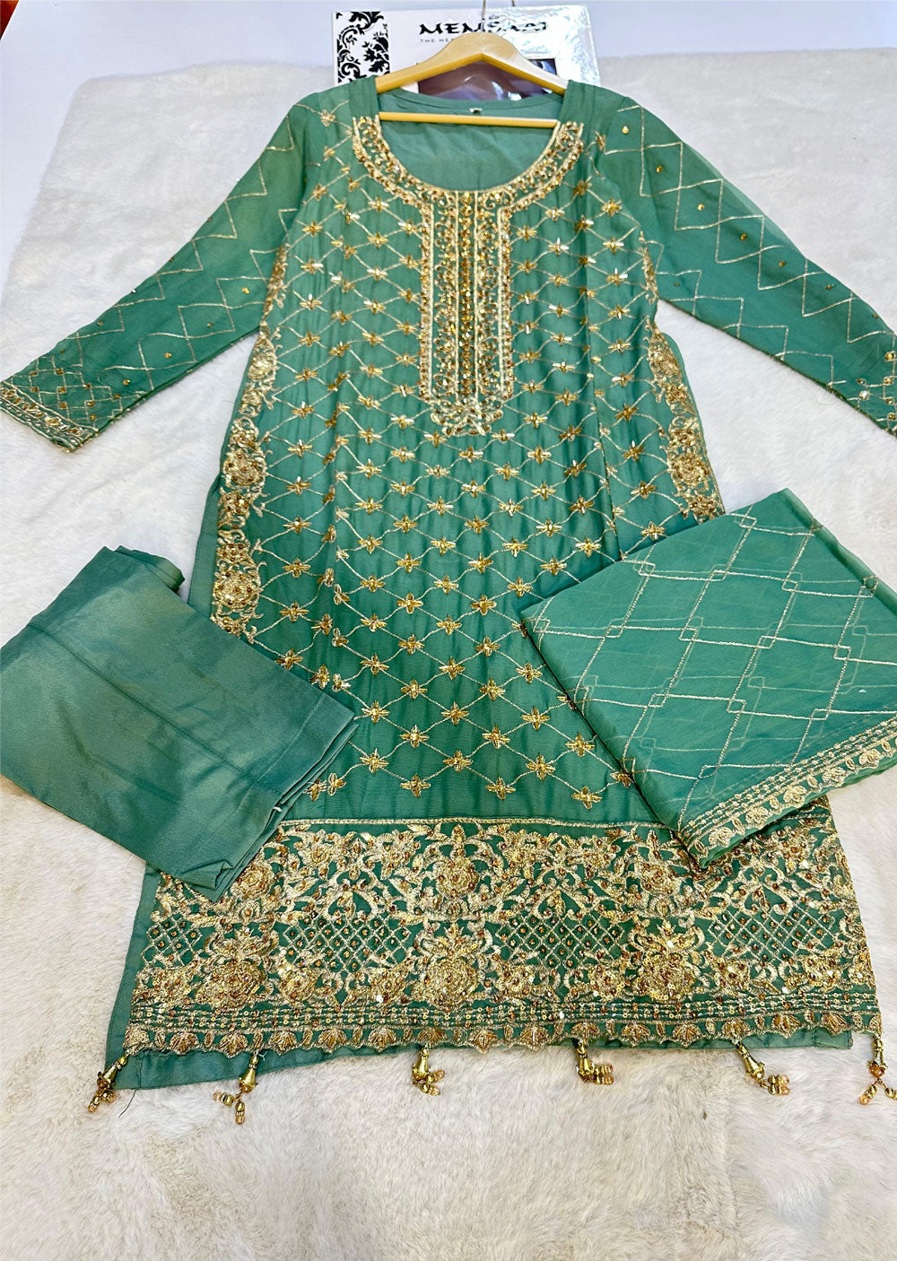 SLM609 Leeya - Readymade Green Chiffon Outfit - Memsaab Online