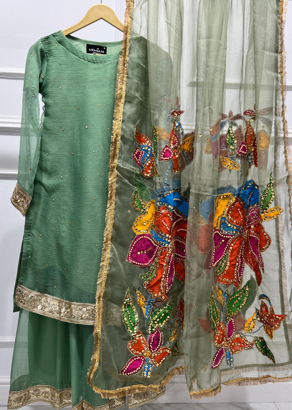 HK270 Hashish - Green Readymade Chiffon Suit - Memsaab Online