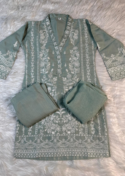 HK297 - Green - Readymade - Mother & Daughter Linen Outfit 2025 - Memsaab Online