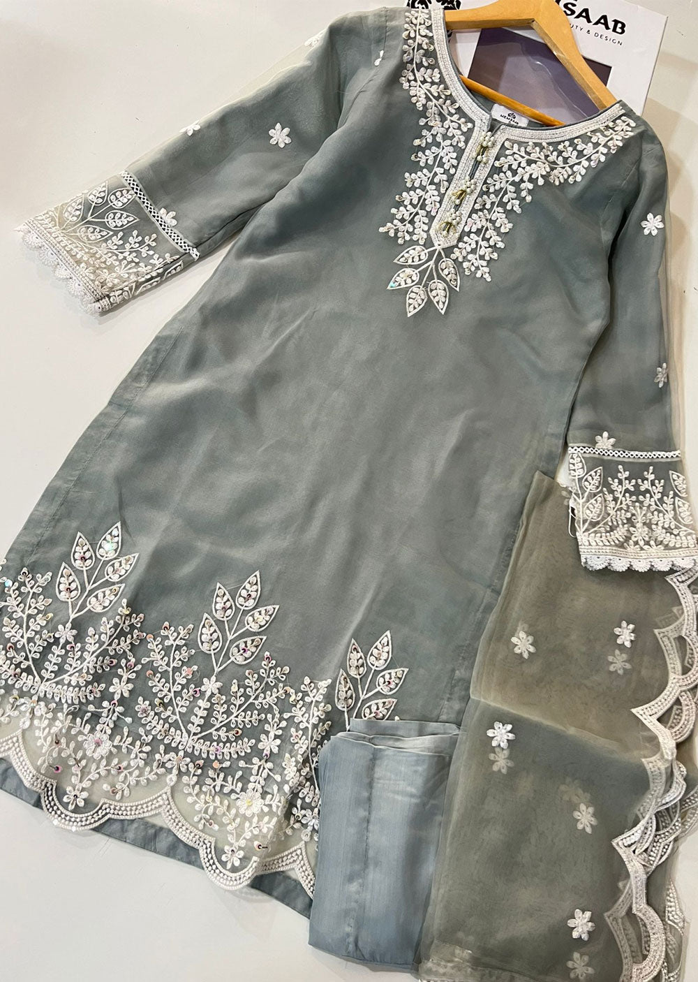 KLD322 Lamisa - Grey Readymade Organza Suit - Memsaab Online