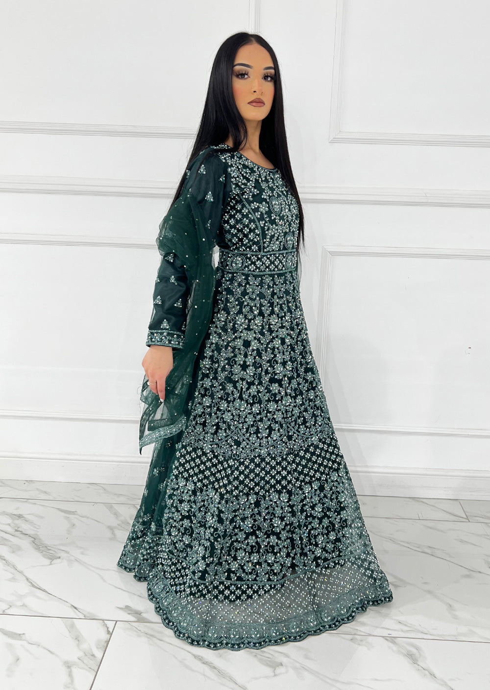 RH2112 Riya - Green Fancy Net Maxi Dress - Memsaab Online