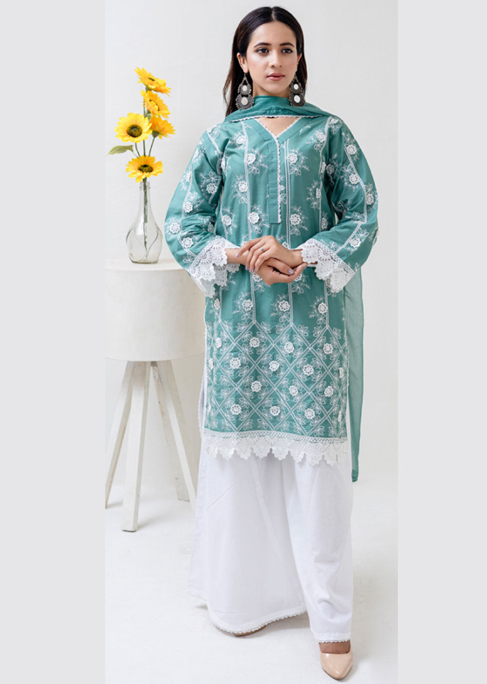 RGZ4015 Daisy - Green Readymade Cotton Suit - Memsaab Online