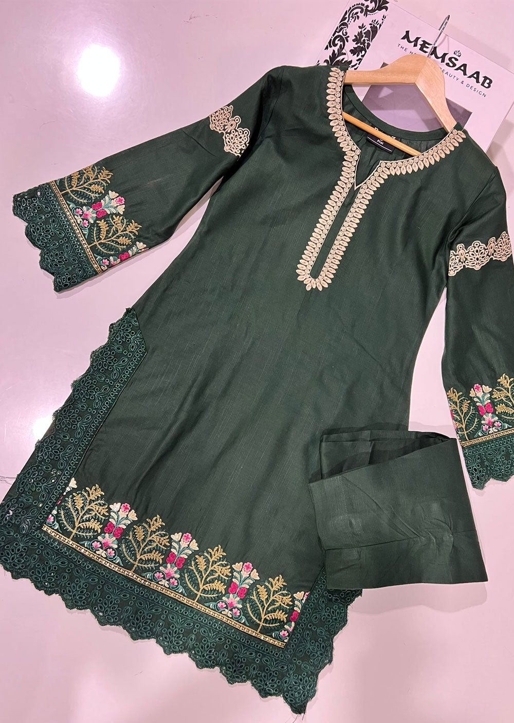 RGZ1720 Readymade Green Slub Khaddar 2 Piece Suit - Memsaab Online