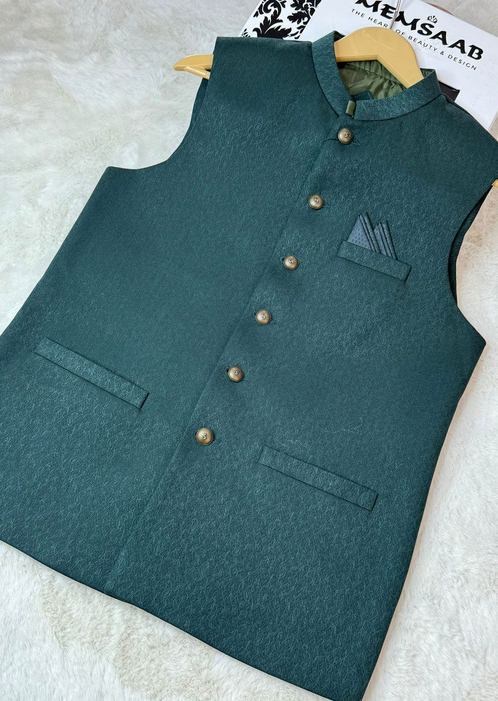 W-2338 Mens Green Premium Jammawar Waist Coat - Memsaab Online