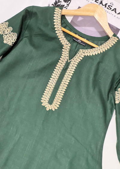 RGZ1720 Readymade Green Slub Khaddar 2 Piece Suit - Memsaab Online