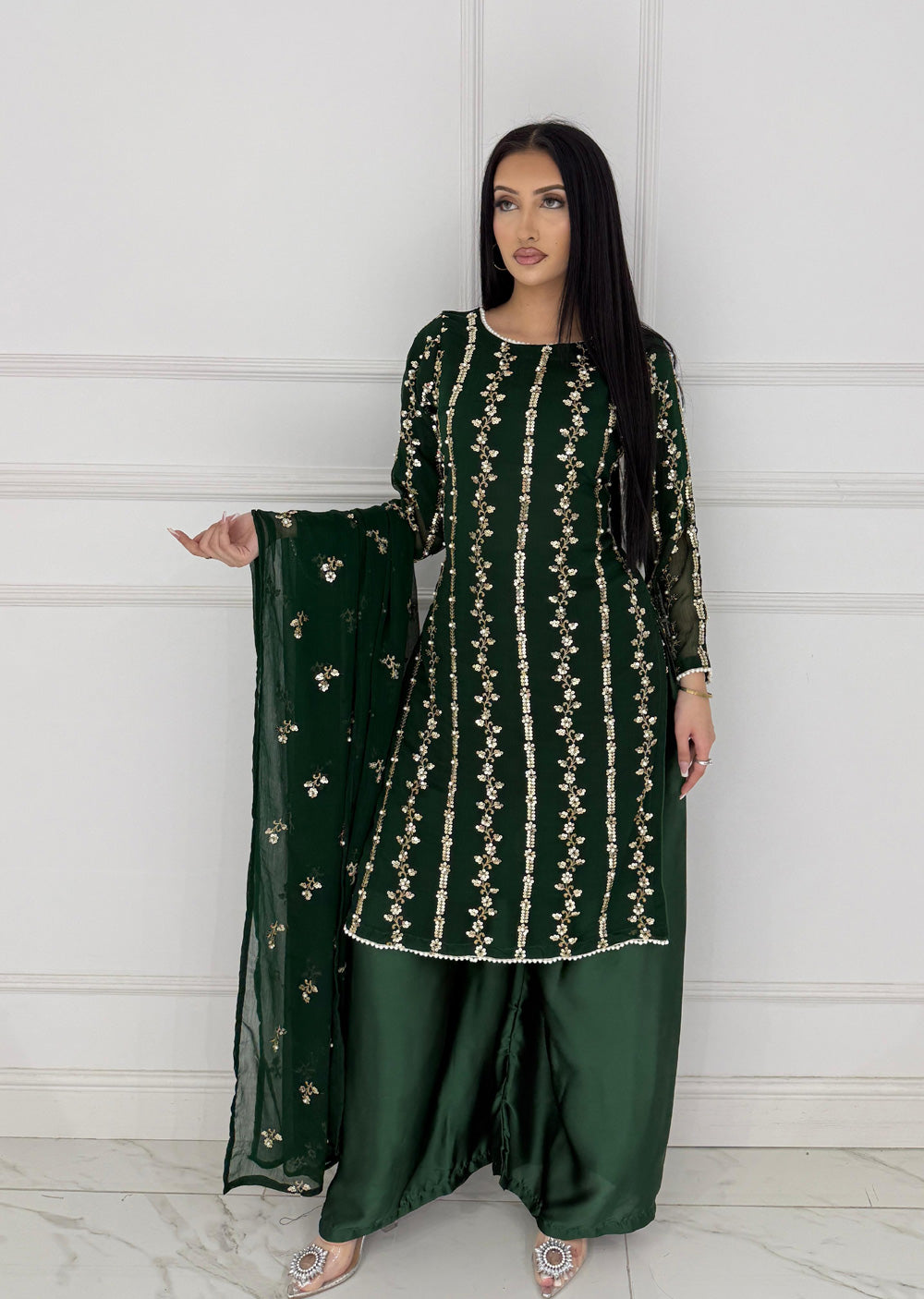 SMR3108 Bagi Raah - Bottle Green Chiffon Suit - Memsaab Online