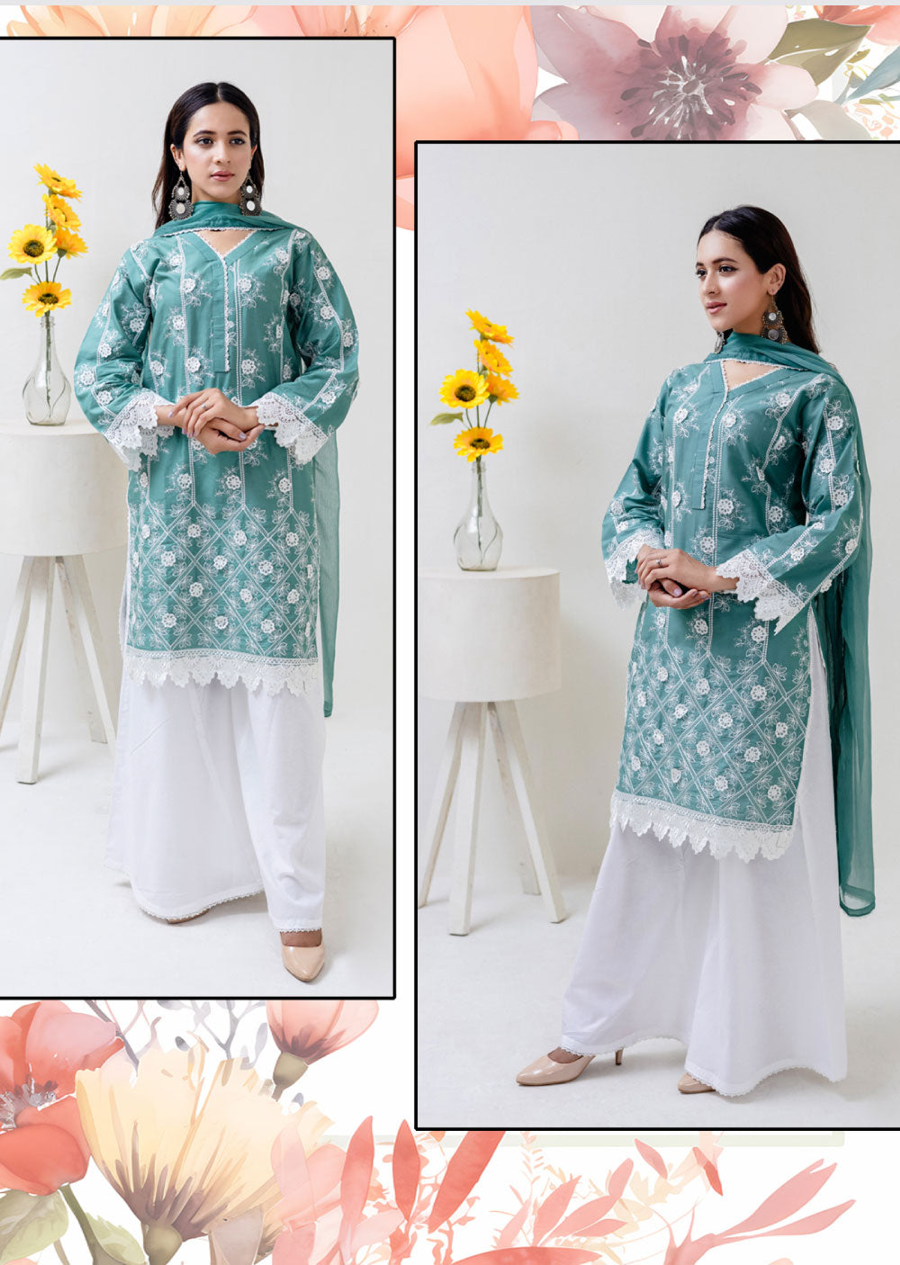 RGZ4015 Daisy - Green Readymade Cotton Suit - Memsaab Online