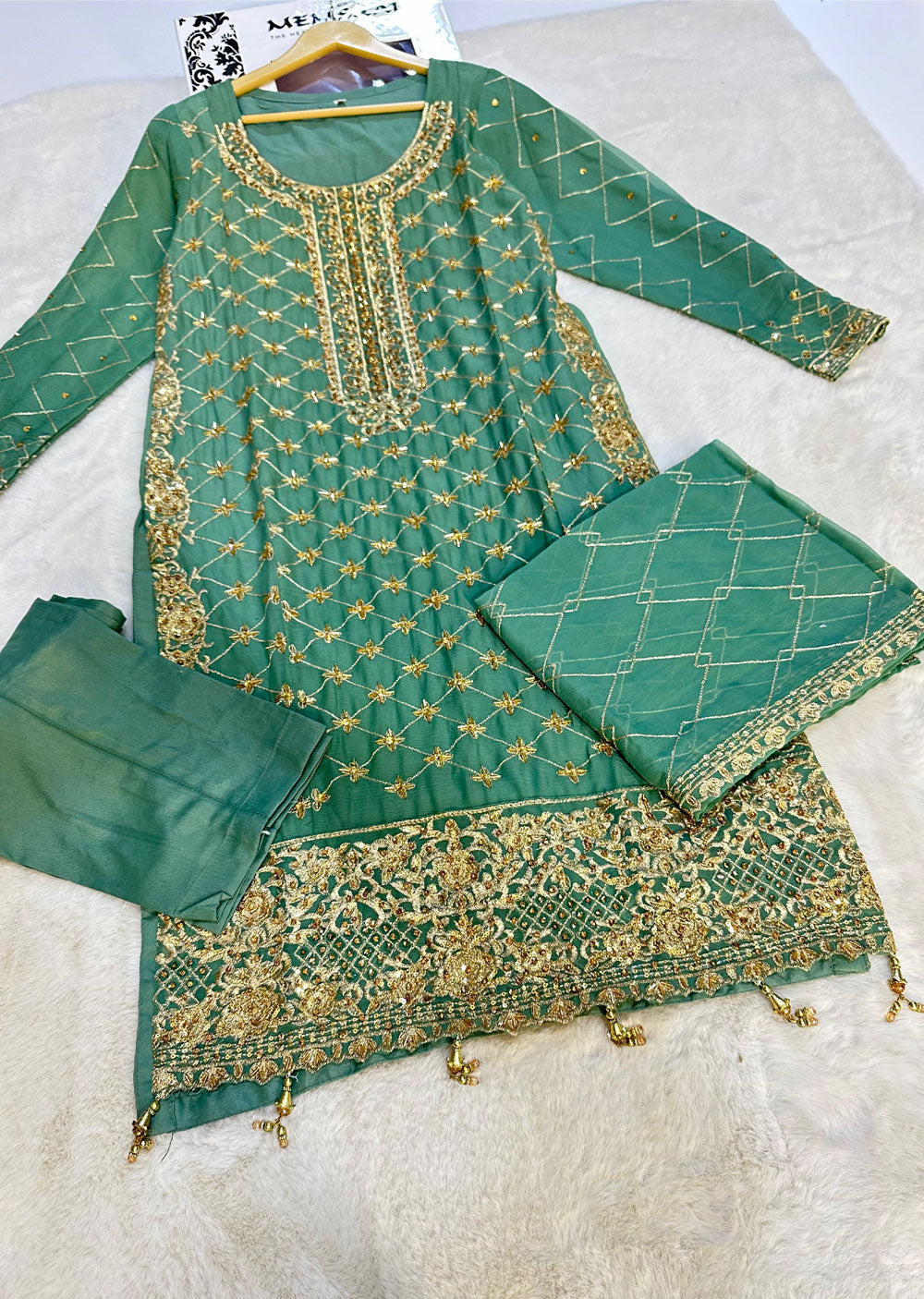 SLM609 Leeya - Readymade Green Chiffon Outfit - Memsaab Online