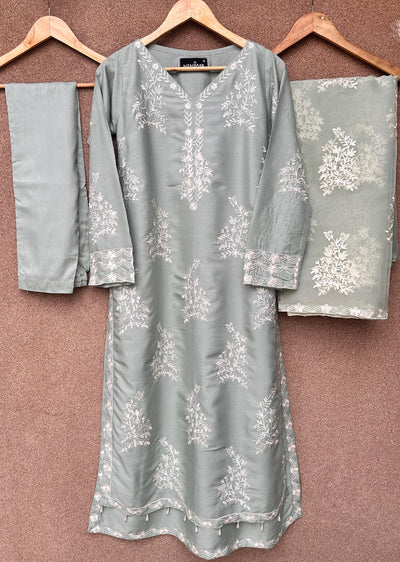 HK283 - Resha - Green Linen Double Layer Suit - Memsaab Online