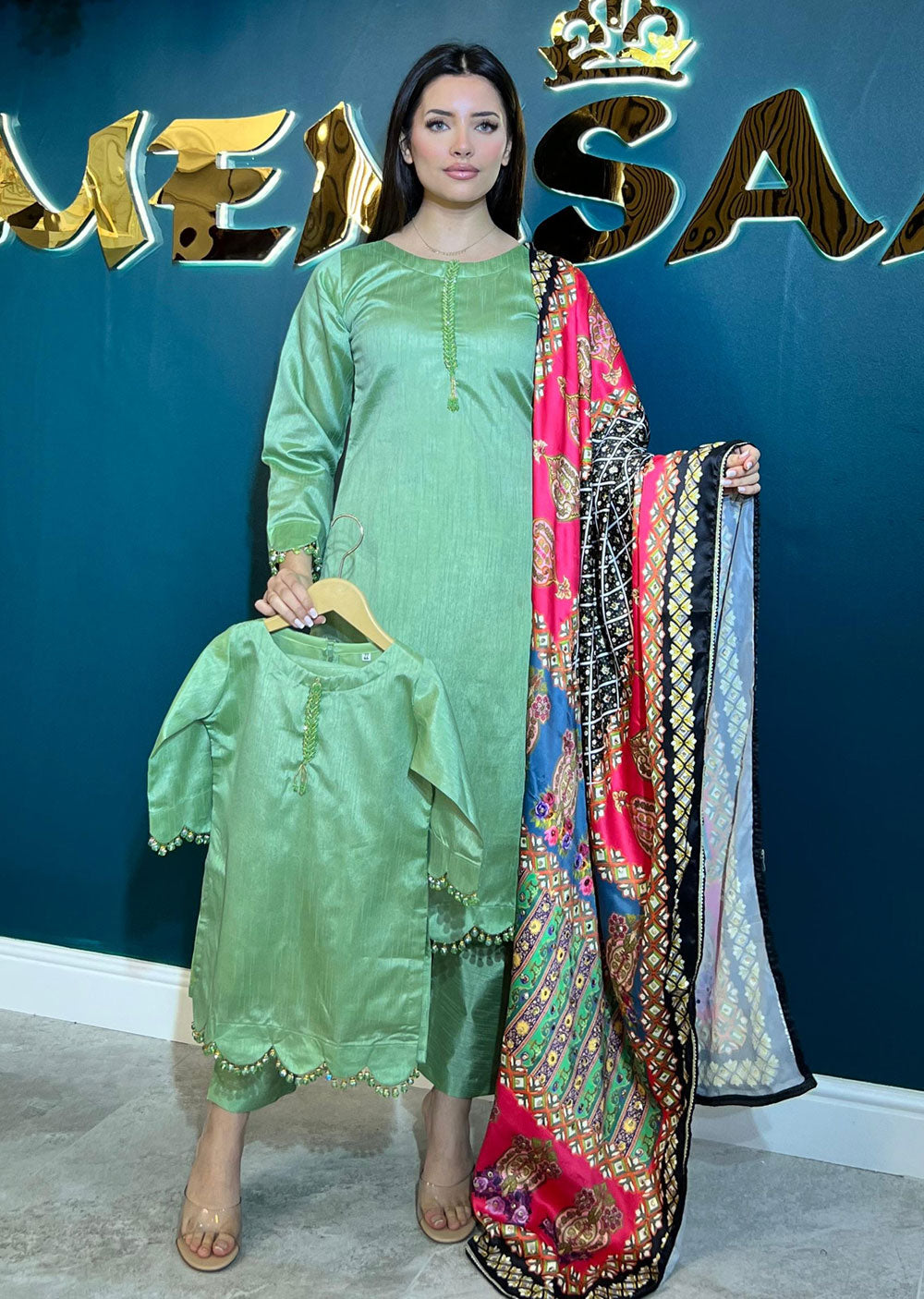 HK265 Zarora - Green Readymade Raw Silk Mummy n Me Suit - Memsaab Online